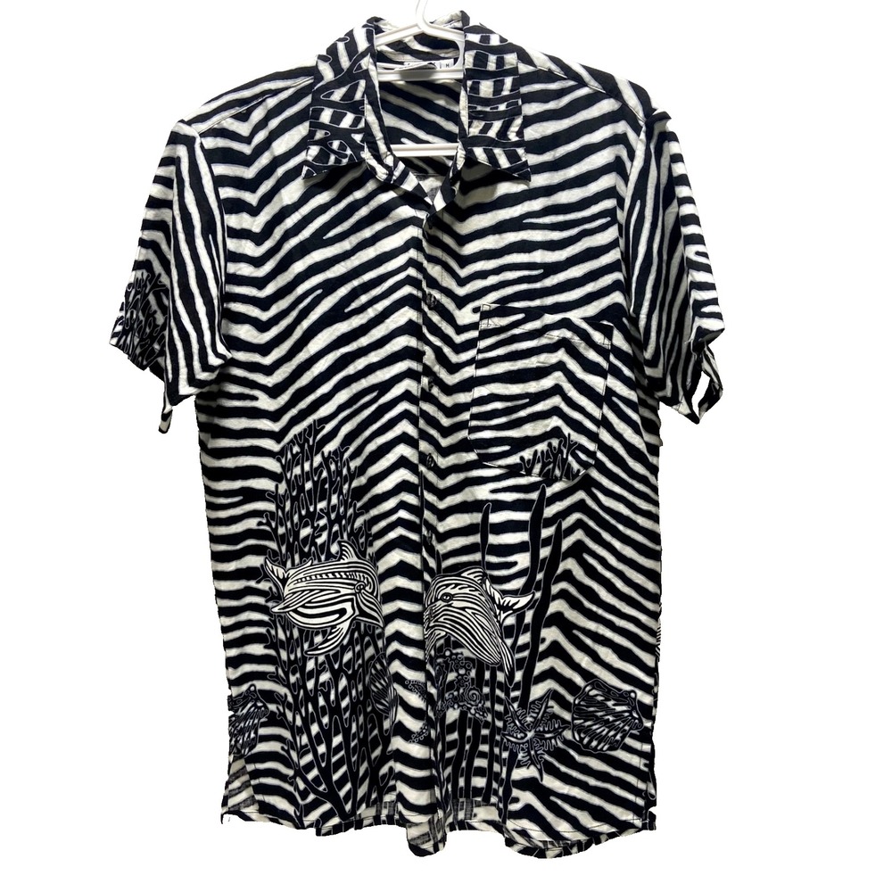 Vintage Cabali Shirt Men's Medium Black White Hawaiian Island Beach Ocean Whales
